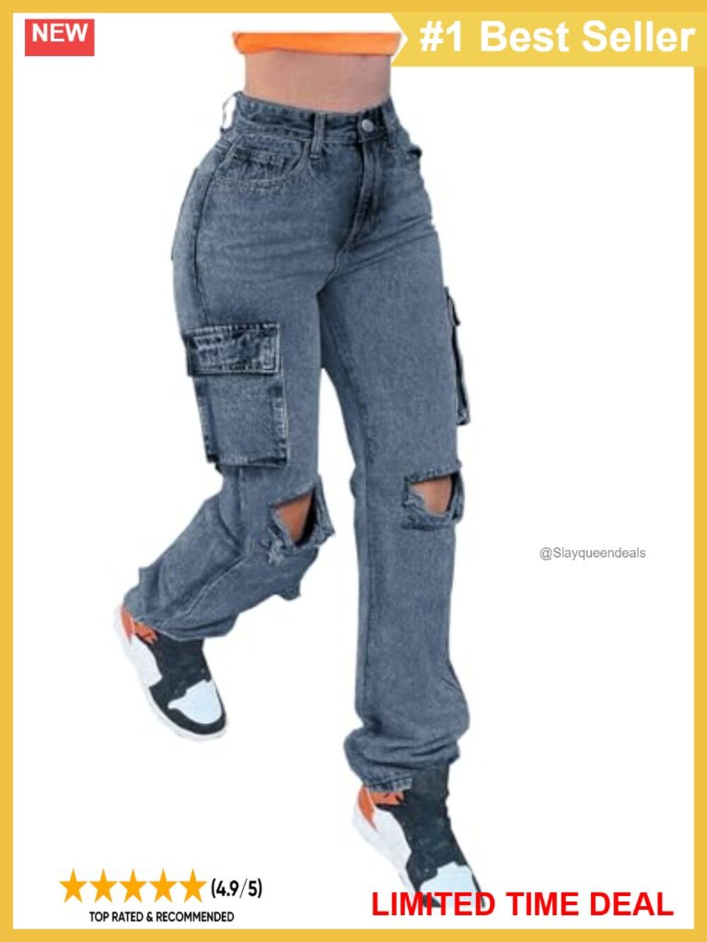 High Waisted Distressed Ripped Cargo Jeans Straight Leg Denim Pants